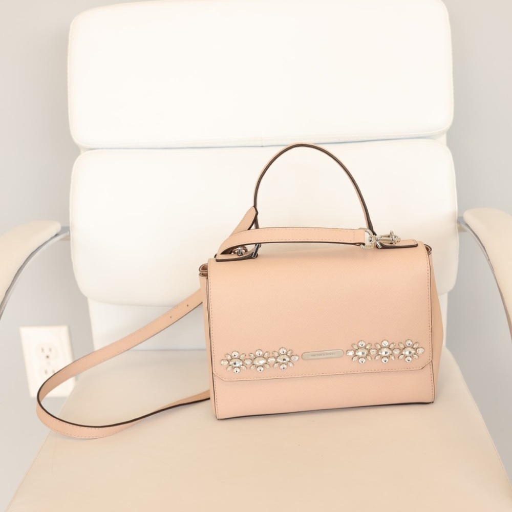 New Michael Kors Rare CALLIE JEWEL Top Handle Satchel In BALLET PINK Leather